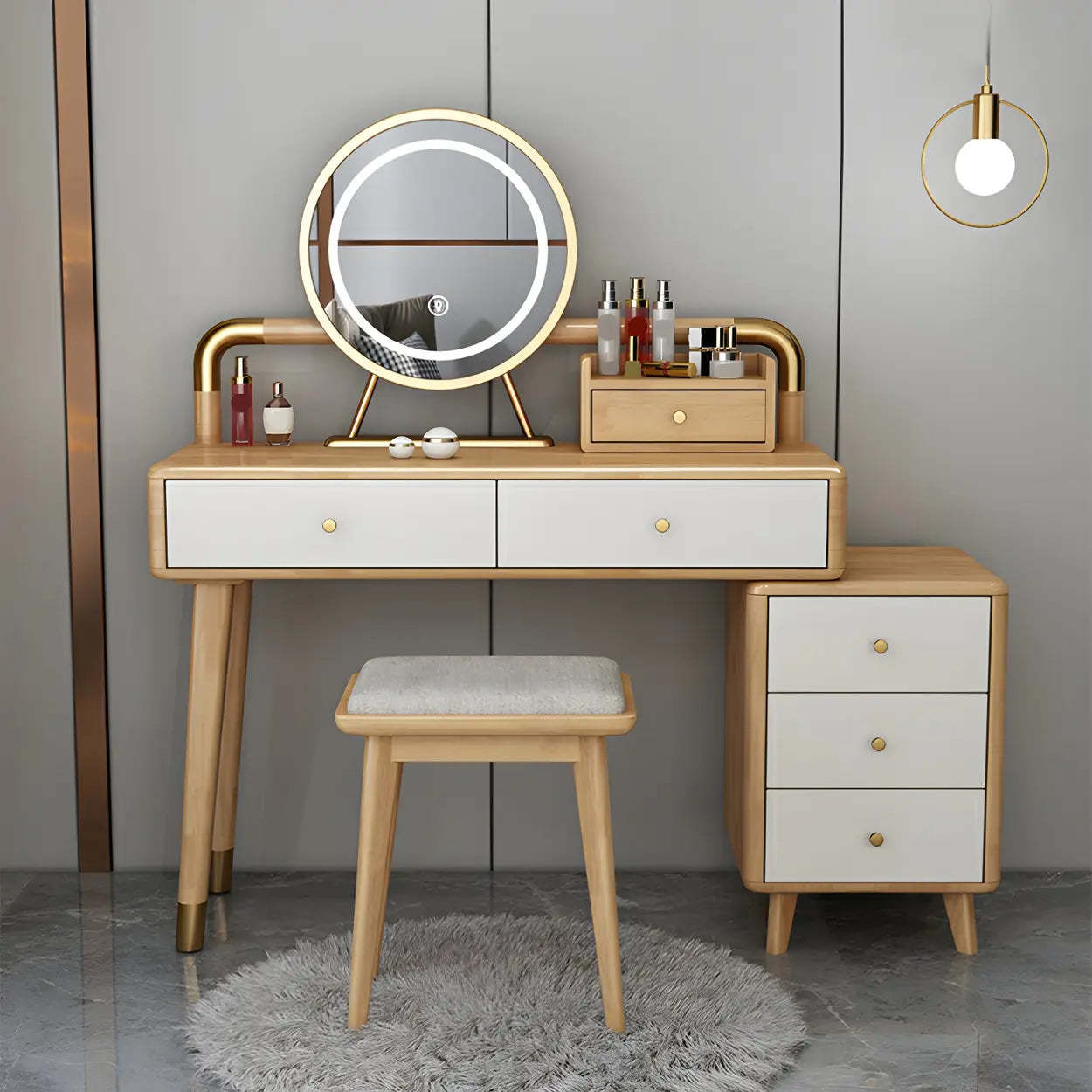 Walnut Rubberwood Vanity with Drawers and Mirror — Makeup Vanity & Mirror & Stools / Walnut/ White