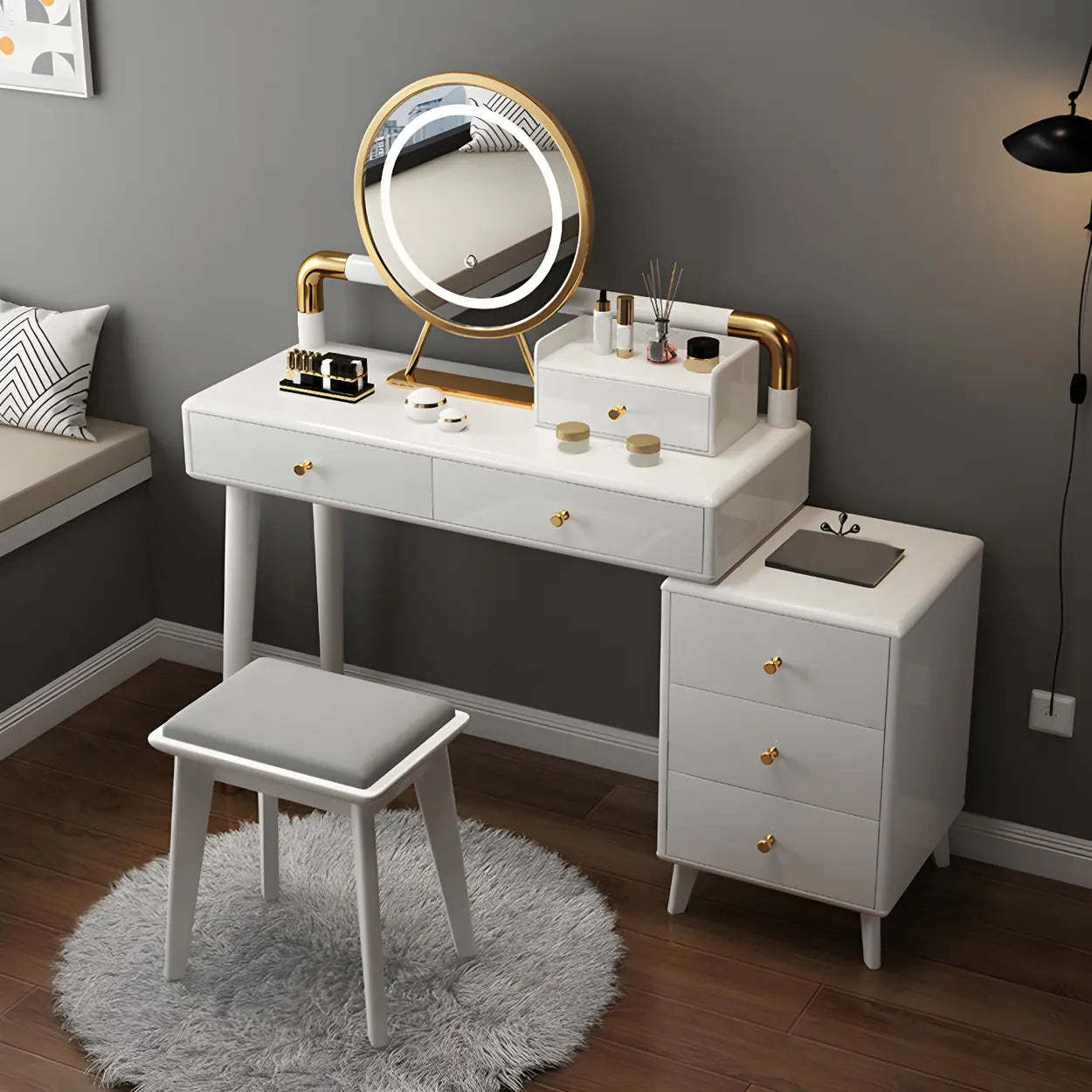 Walnut Rubberwood Vanity with Drawers and Mirror — Makeup Vanity & Mirror & Stools / White