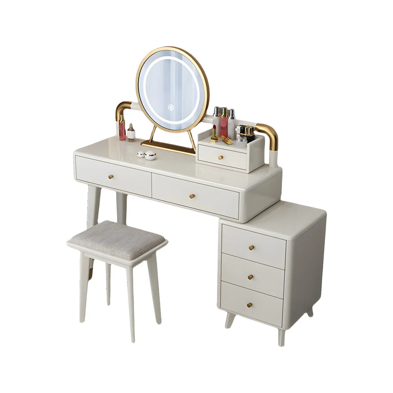 Walnut Rubberwood Vanity with Drawers and Mirror — Makeup Vanity & Mirror & Stools / Wood Color