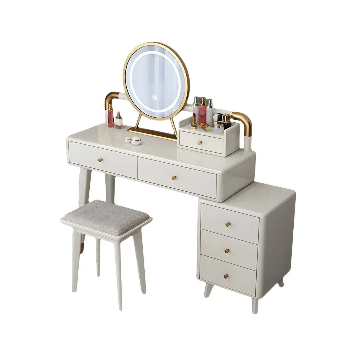 Walnut Rubberwood Vanity with Drawers and Mirror — Makeup Vanity & Mirror & Stools / Wood Color