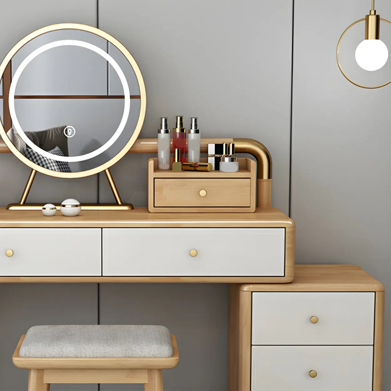Walnut Rubberwood Vanity with Drawers and Mirror — Makeup Vanity & Mirror & Stools / Walnut