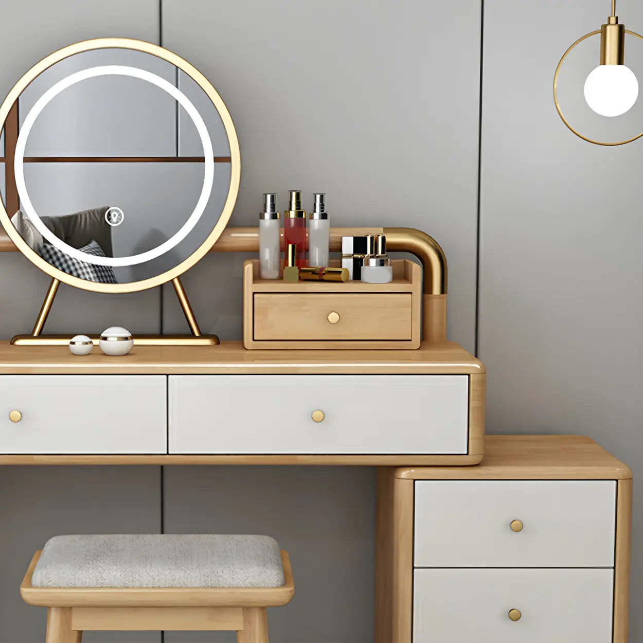 Walnut Rubberwood Vanity with Drawers and Mirror — Makeup Vanity & Mirror & Stools / Walnut