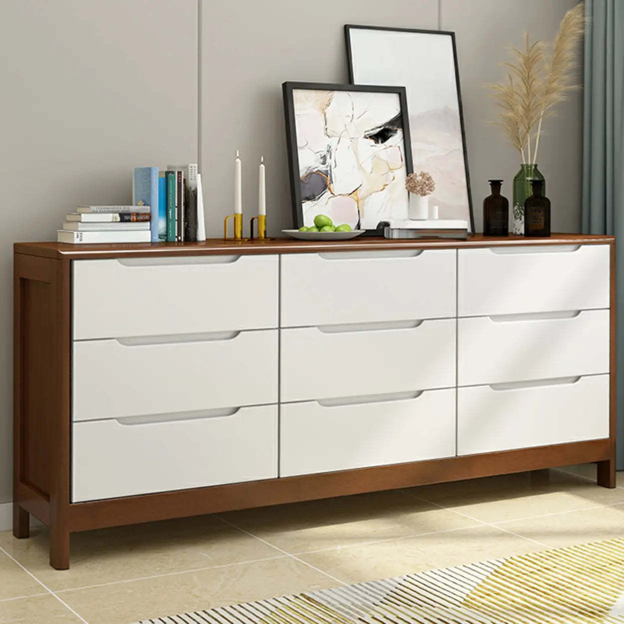 Walnut-White Wood Drawer Dresser — Gray & White