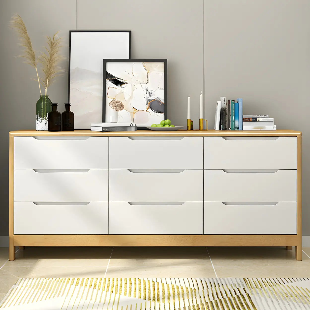 Walnut-White Wood Drawer Dresser — Natural Finish