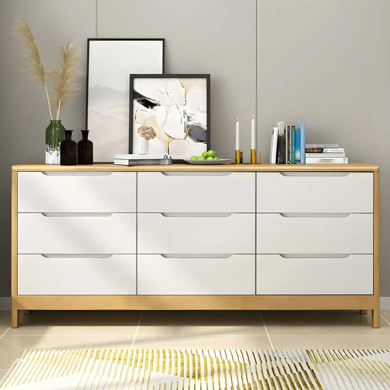Walnut-White Wood Drawer Dresser — Natural Finish