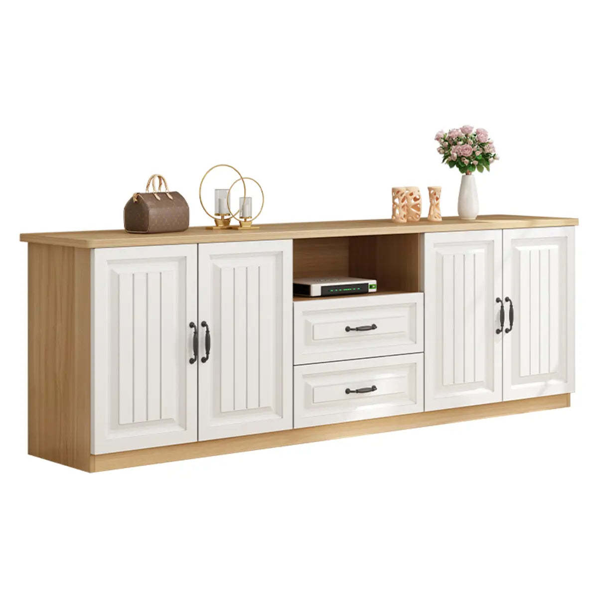 Walnut and White Wood Rectangular Open Storage TV Stand — Gray & White