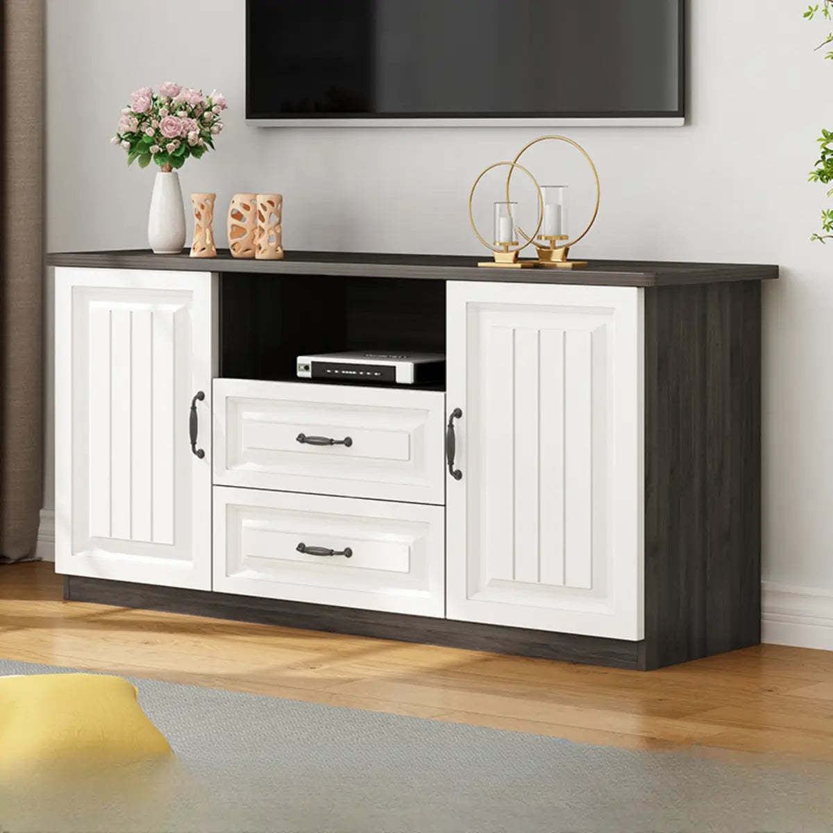 Walnut and White Wood Rectangular Open Storage TV Stand — Gray & White