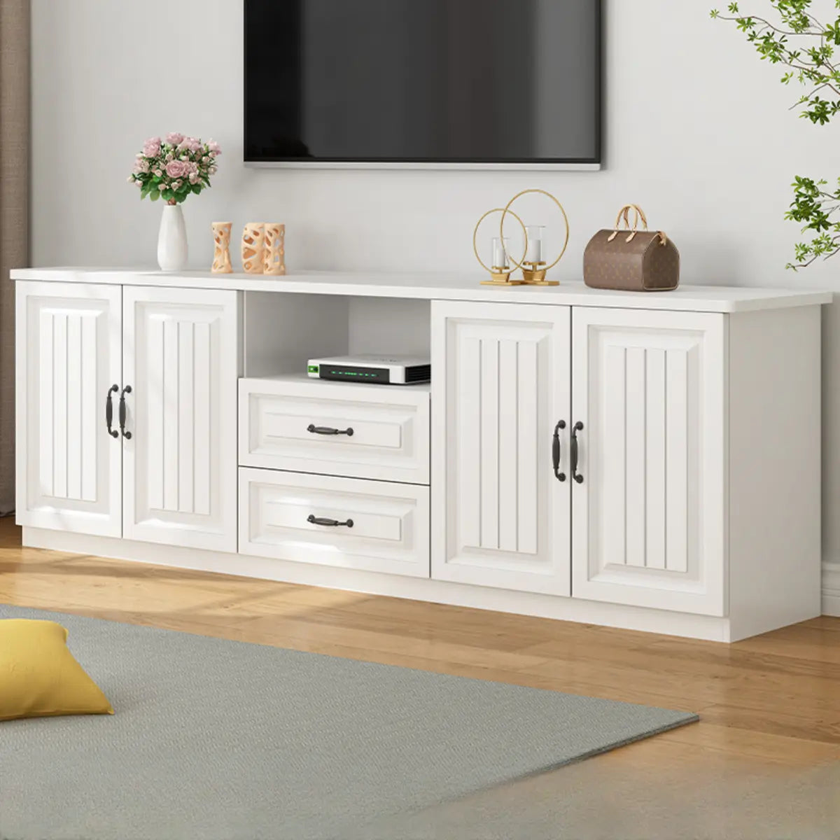 Walnut and White Wood Rectangular Open Storage TV Stand — Gray & White