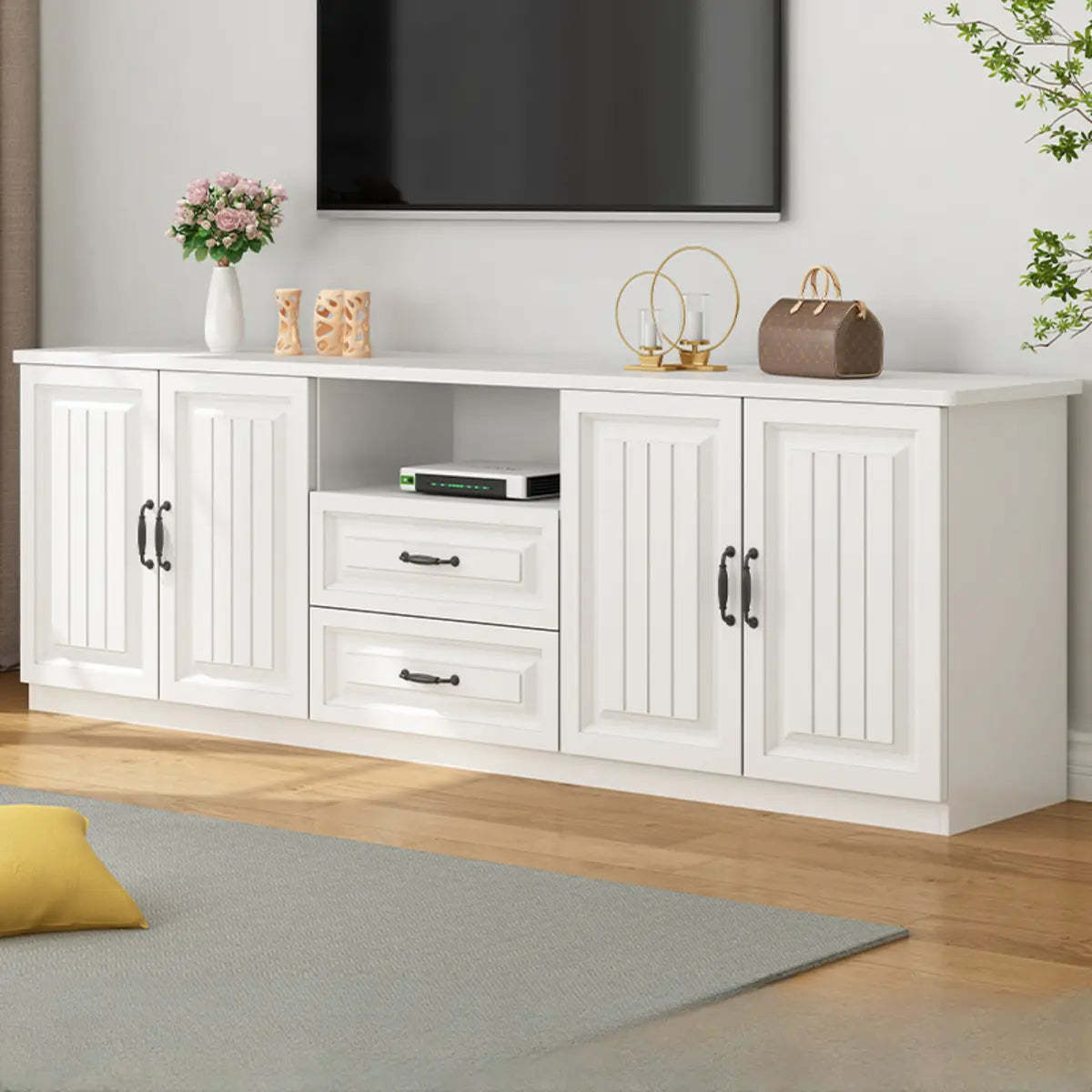Walnut and White Wood Rectangular Open Storage TV Stand — Gray & White