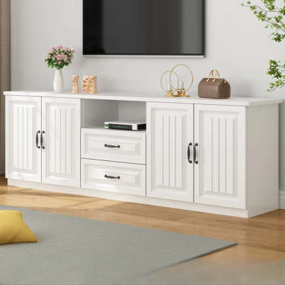 Walnut and White Wood Rectangular Open Storage TV Stand — Gray & White