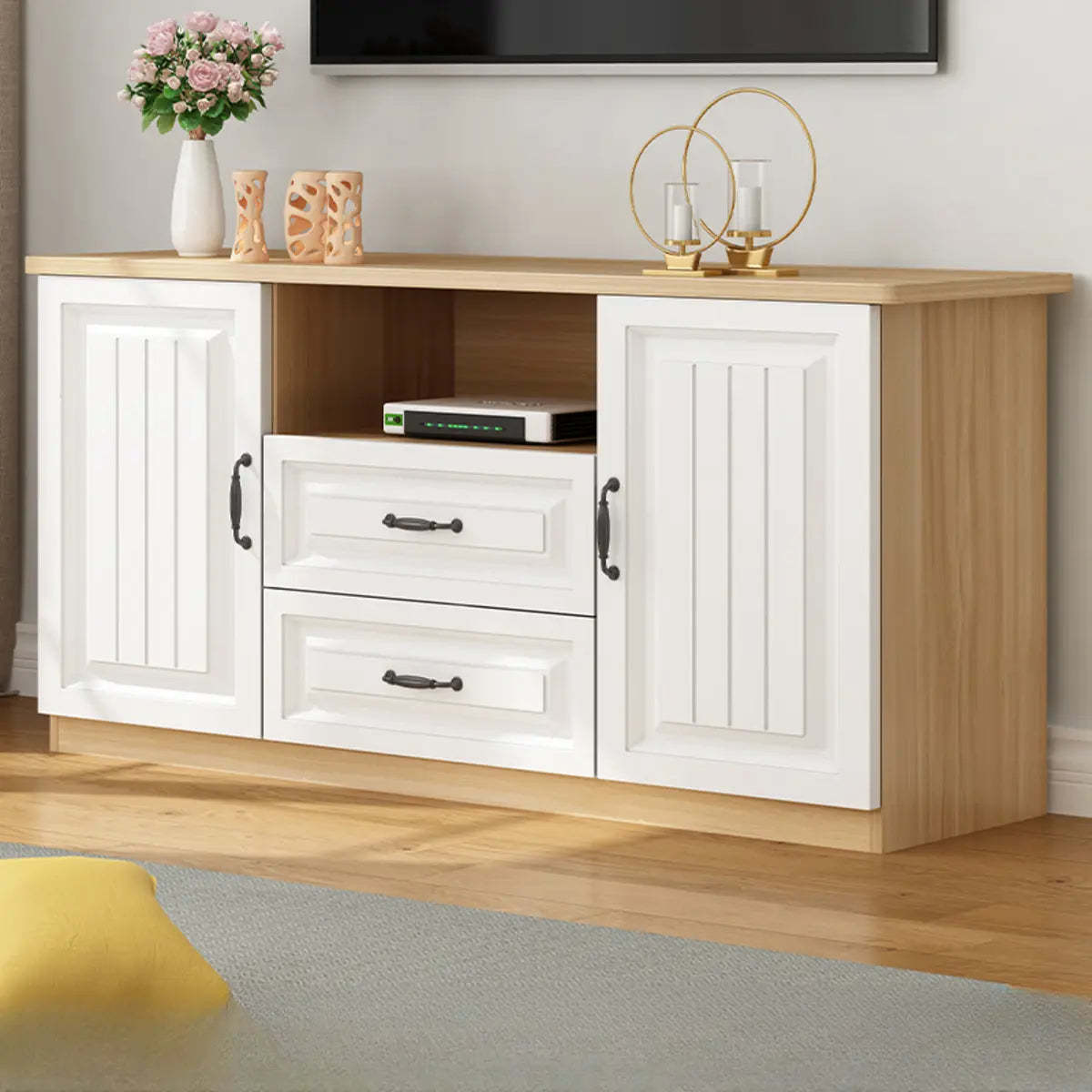 Walnut and White Wood Rectangular Open Storage TV Stand — Black Walnut/ White