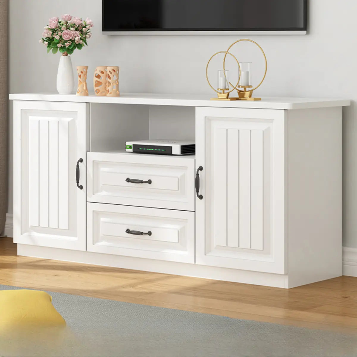 Walnut and White Wood Rectangular Open Storage TV Stand — Black Walnut/ White