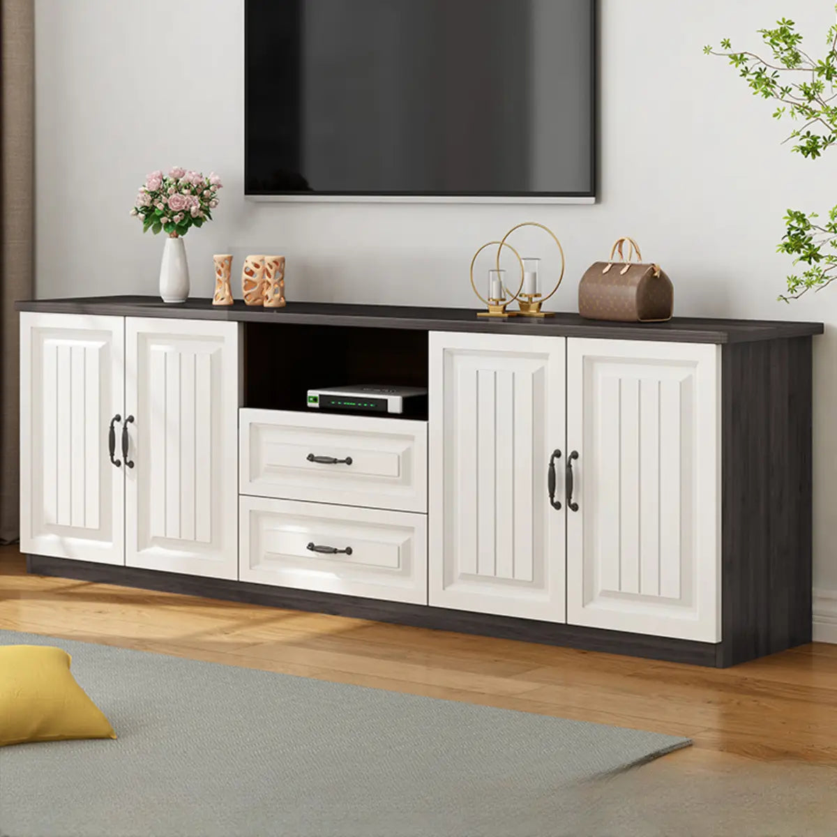 Walnut and White Wood Rectangular Open Storage TV Stand — Black Walnut/ White