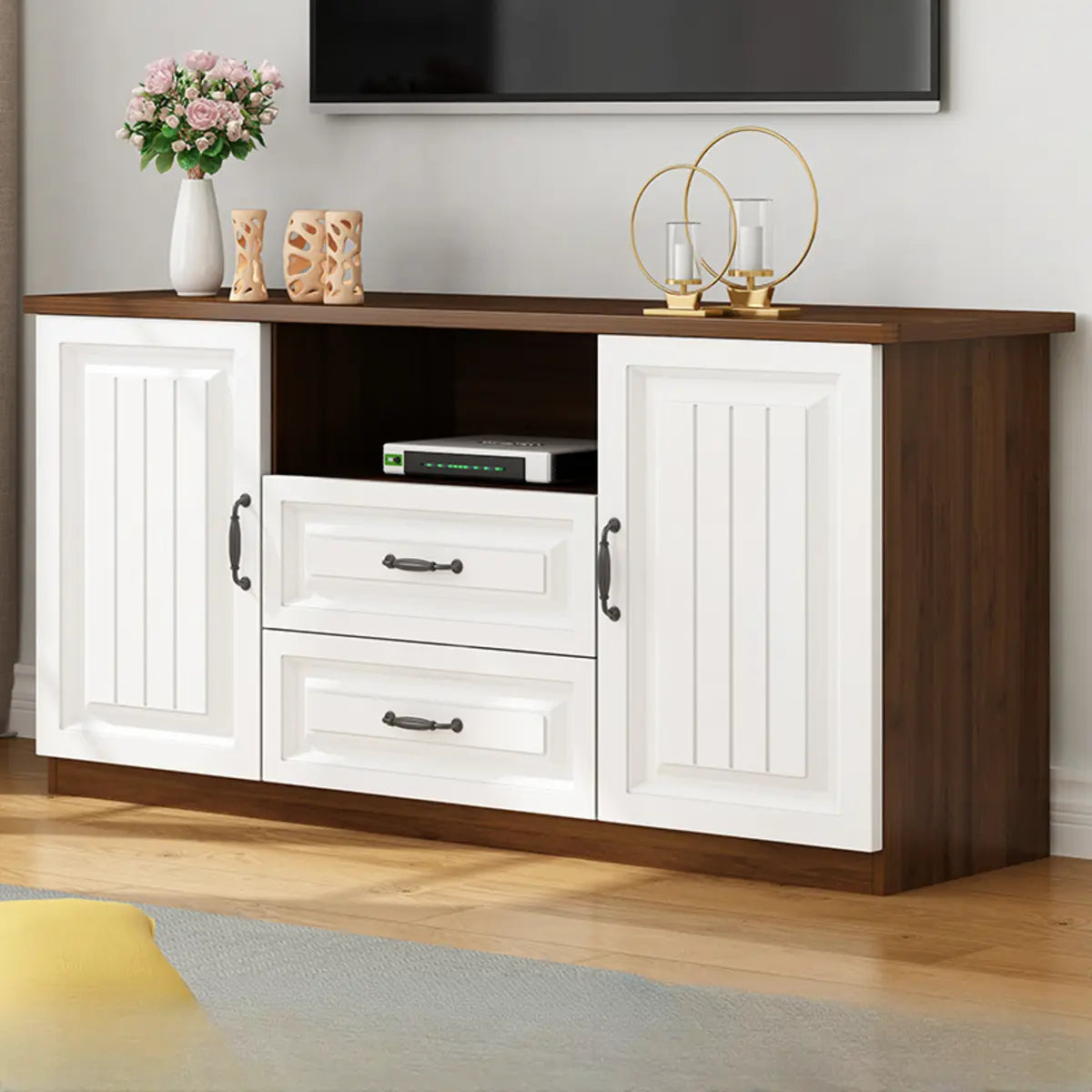 Walnut and White Wood Rectangular Open Storage TV Stand — Black Walnut/ White