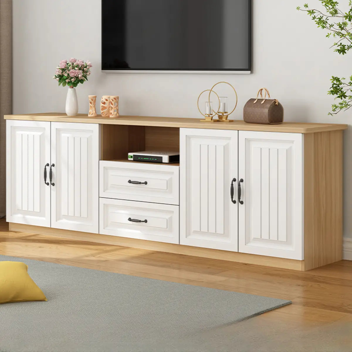 Walnut and White Wood Rectangular Open Storage TV Stand — Black Walnut/ White