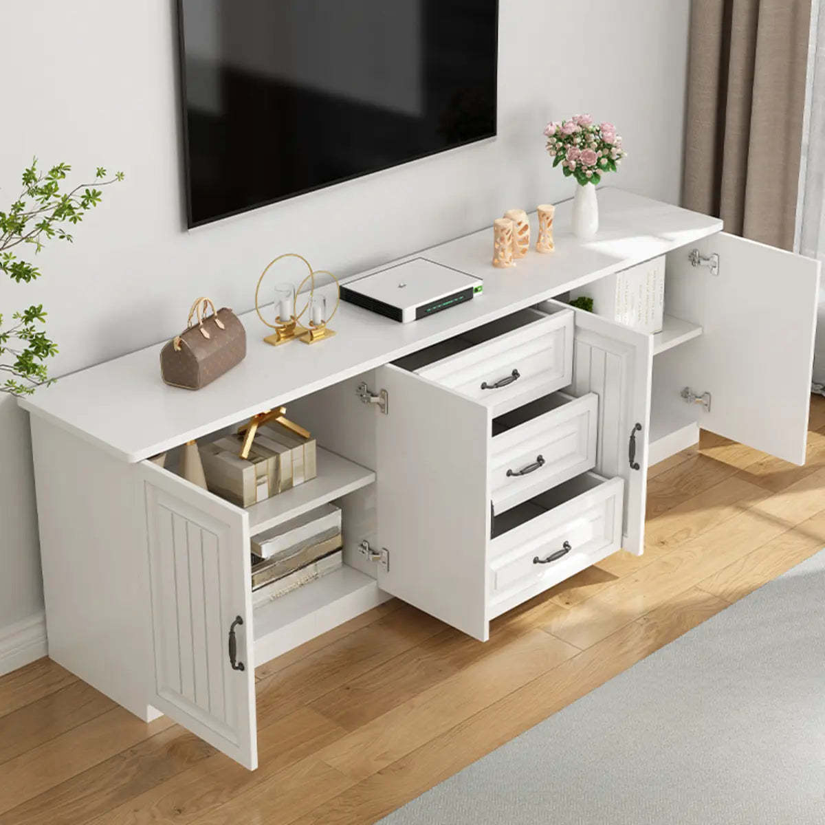 Walnut and White Wood Rectangular Open Storage TV Stand — Gray & White