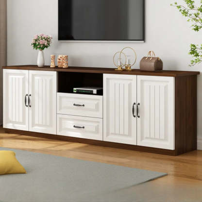 Walnut and White Wood Rectangular Open Storage TV Stand — Gray & White