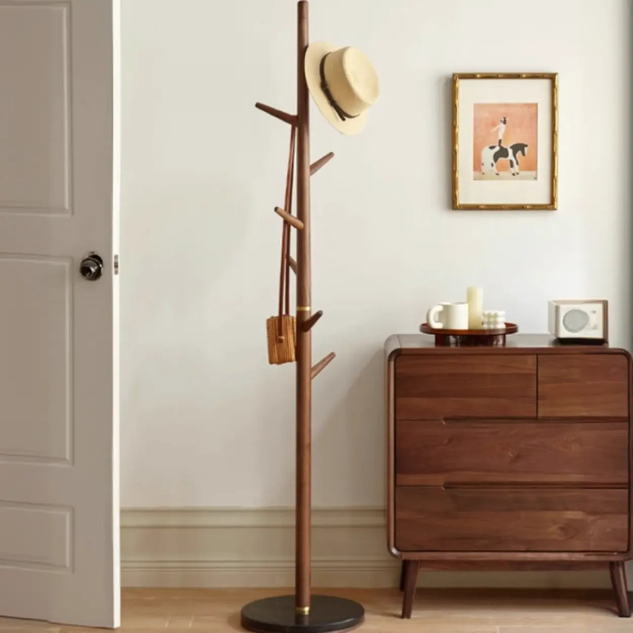 Walnut Wood Brown Tall Hook Coat Rack