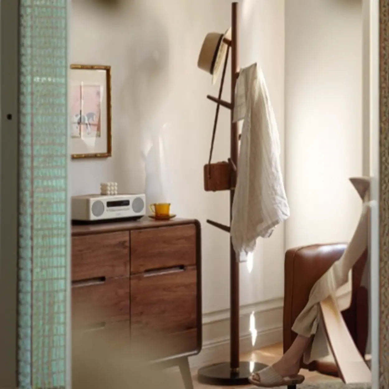 Walnut Wood Brown Tall Hook Coat Rack
