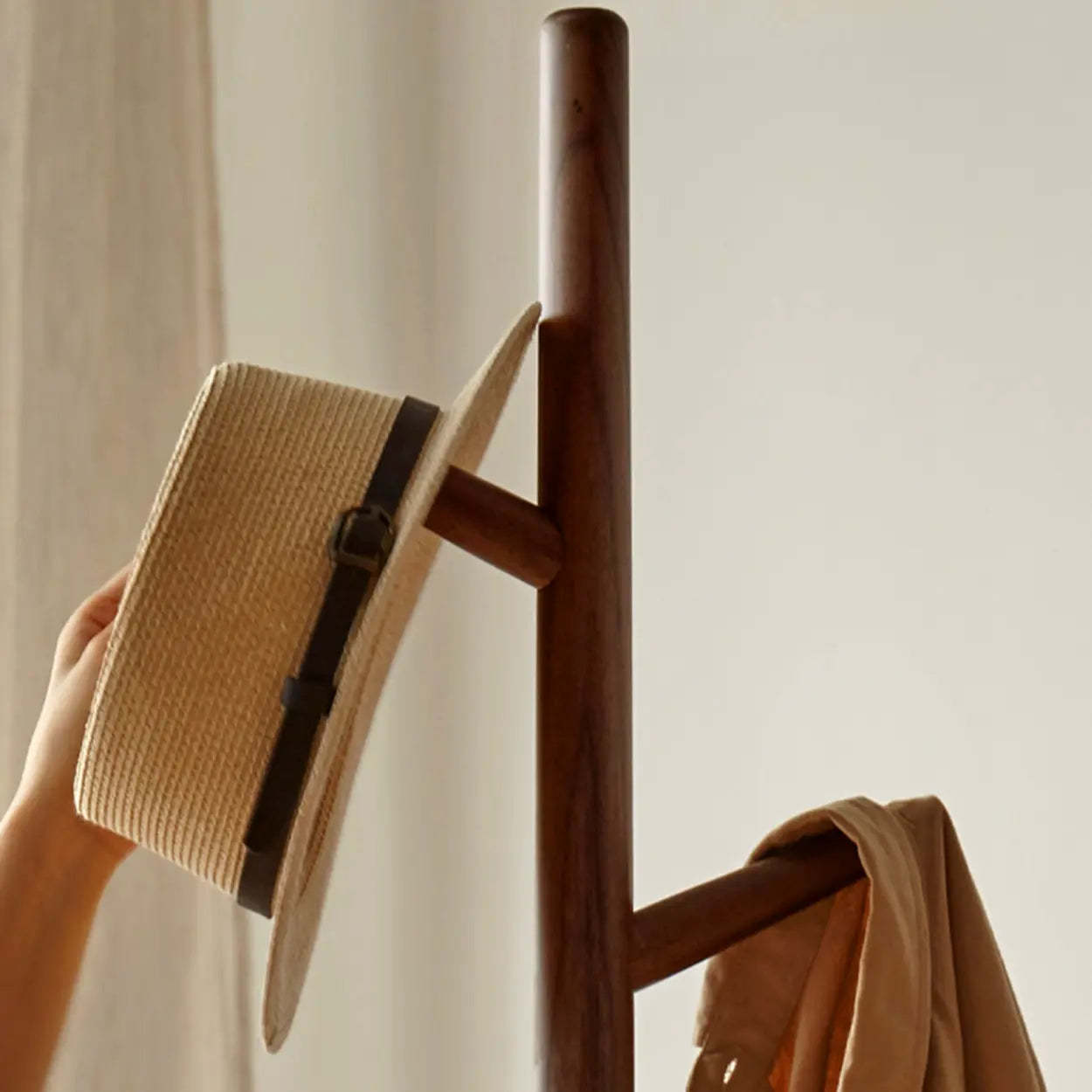 Walnut Wood Brown Tall Hook Coat Rack