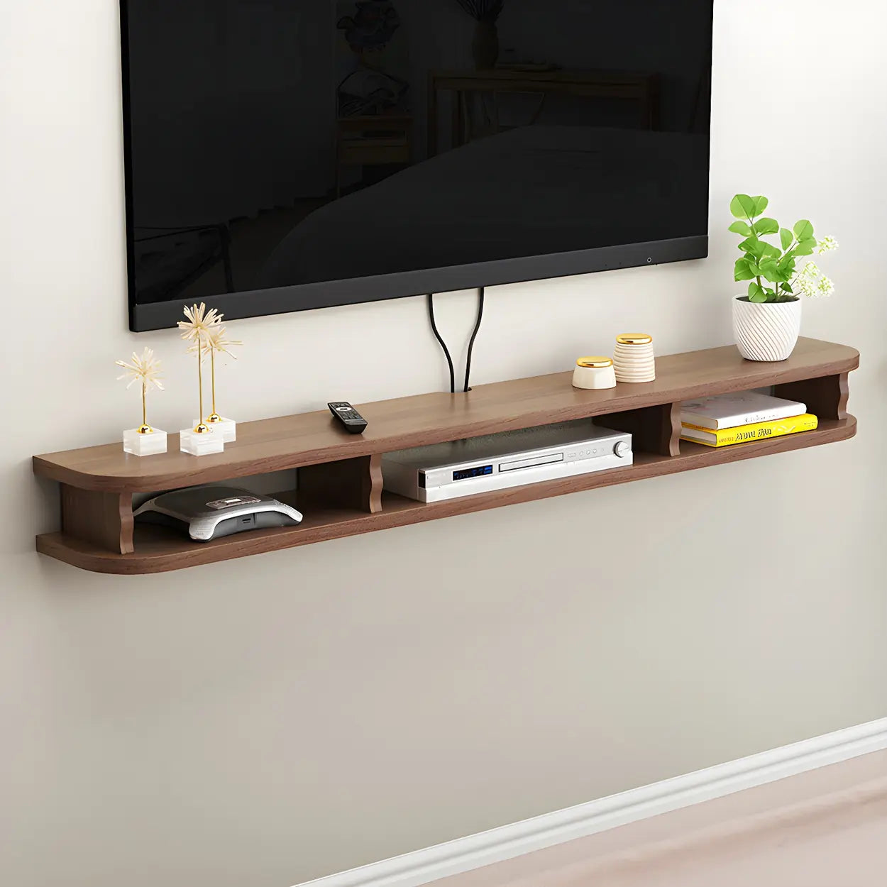 Walnut Wood Floating Open-Storage TV Stand — White
