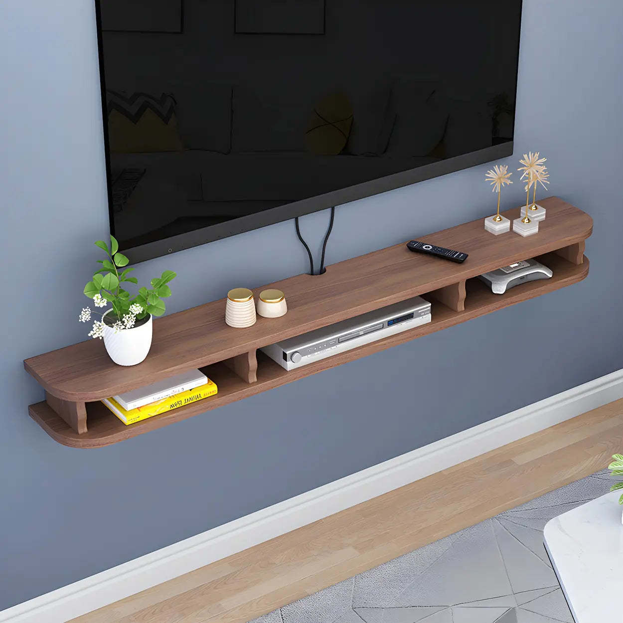 Walnut Wood Floating Open-Storage TV Stand — Wood Color