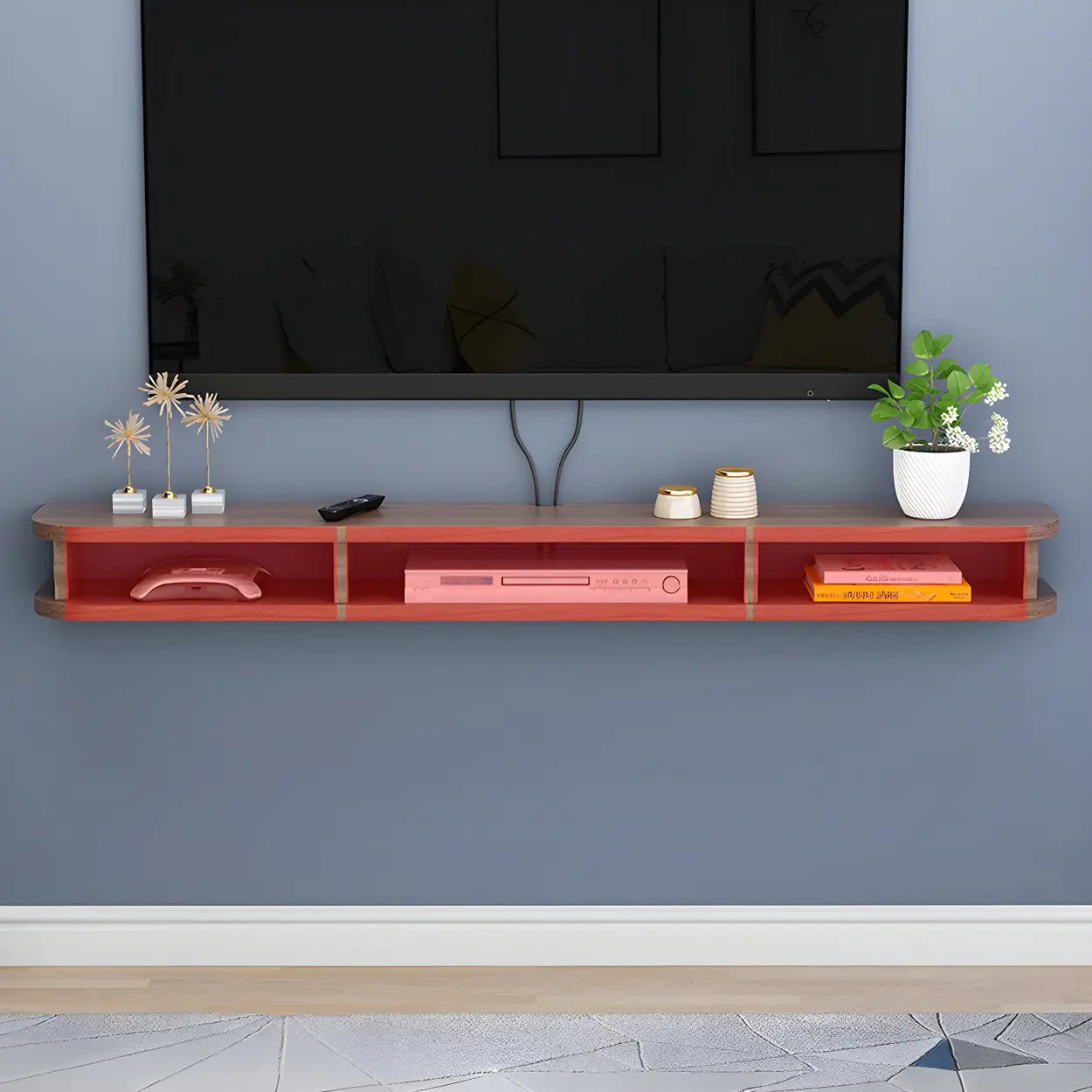 Walnut Wood Floating Open-Storage TV Stand — White