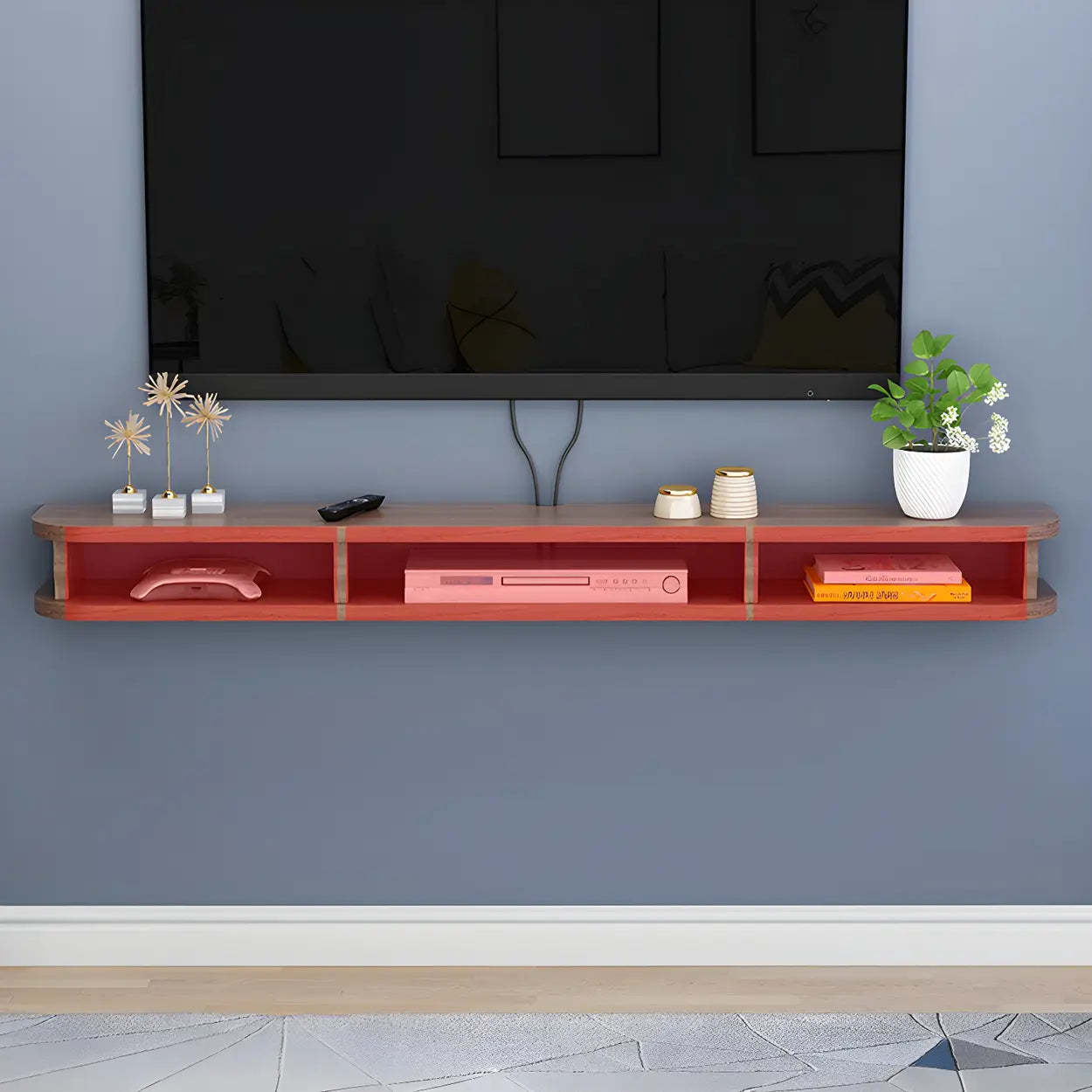 Walnut Wood Floating Open-Storage TV Stand — White