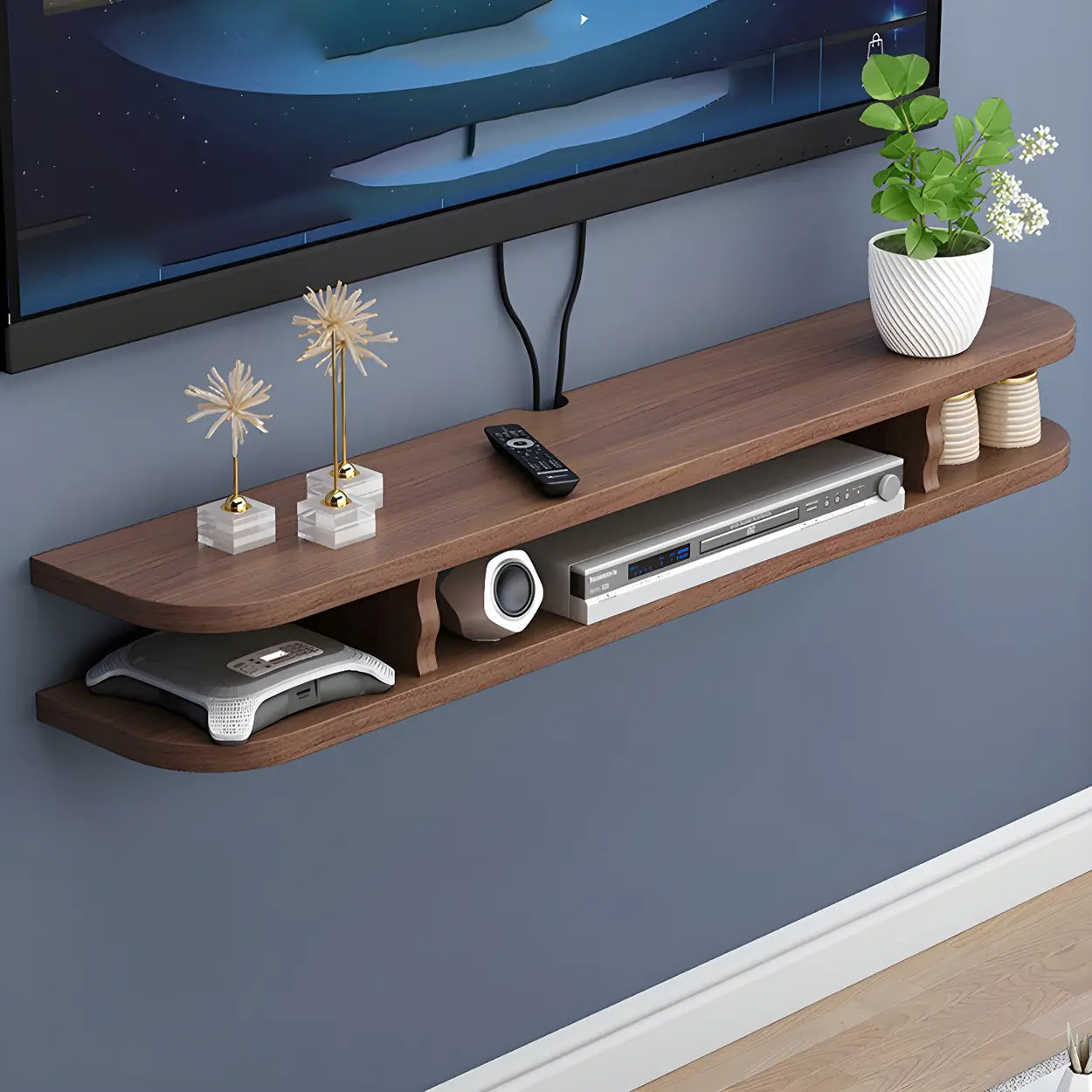 Walnut Wood Floating Open-Storage TV Stand — Wood Color