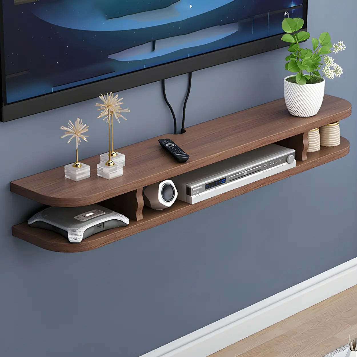 Walnut Wood Floating Open-Storage TV Stand — Wood Color