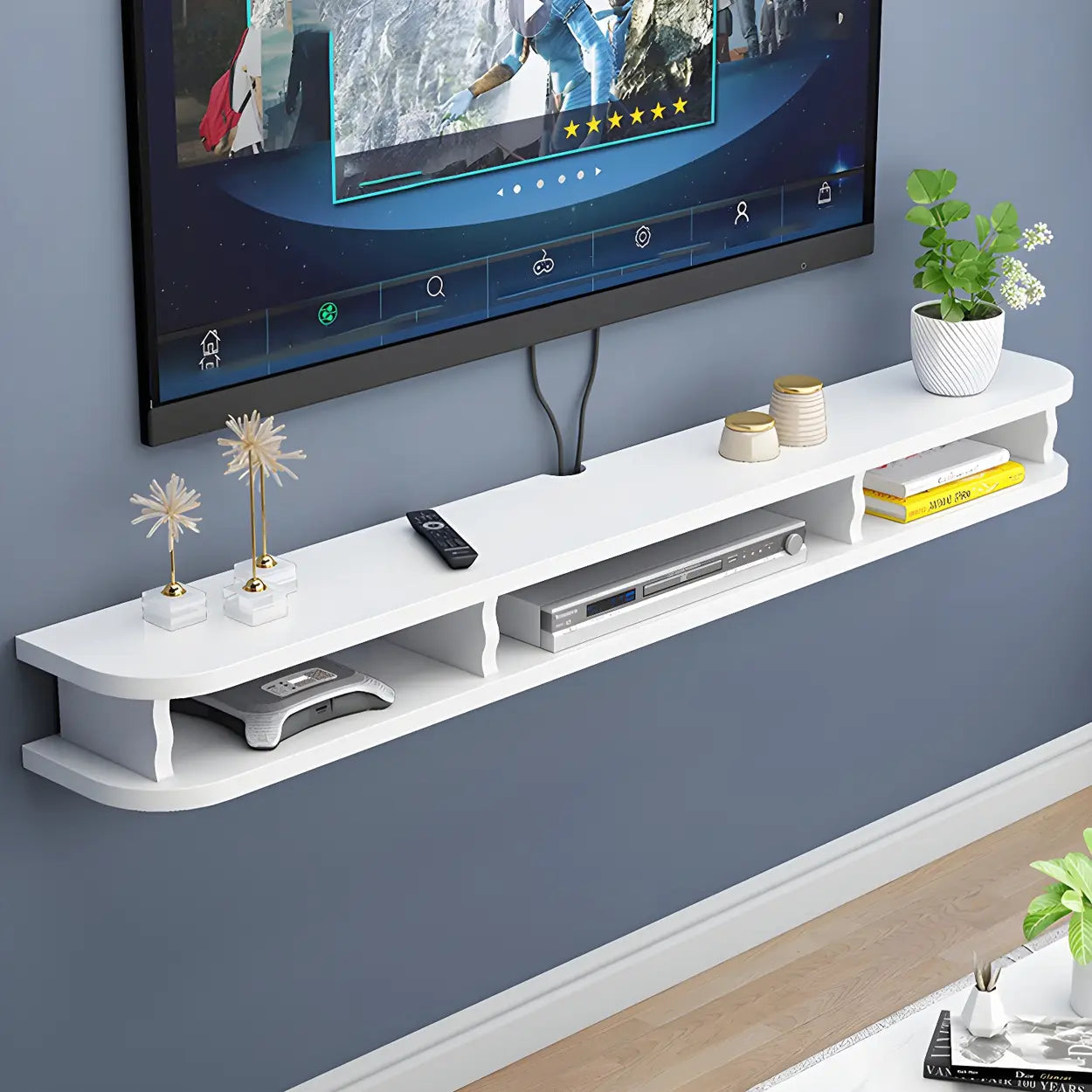 Walnut Wood Floating Open-Storage TV Stand — Walnut