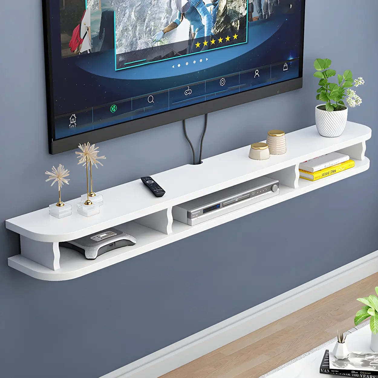 Walnut Wood Floating Open-Storage TV Stand — Walnut