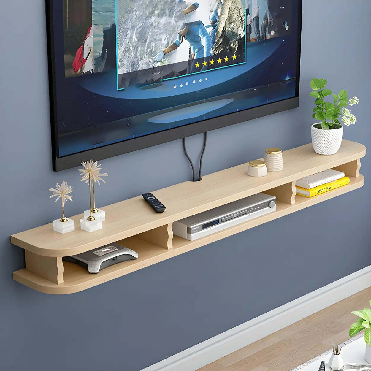 Walnut Wood Floating Open-Storage TV Stand — White
