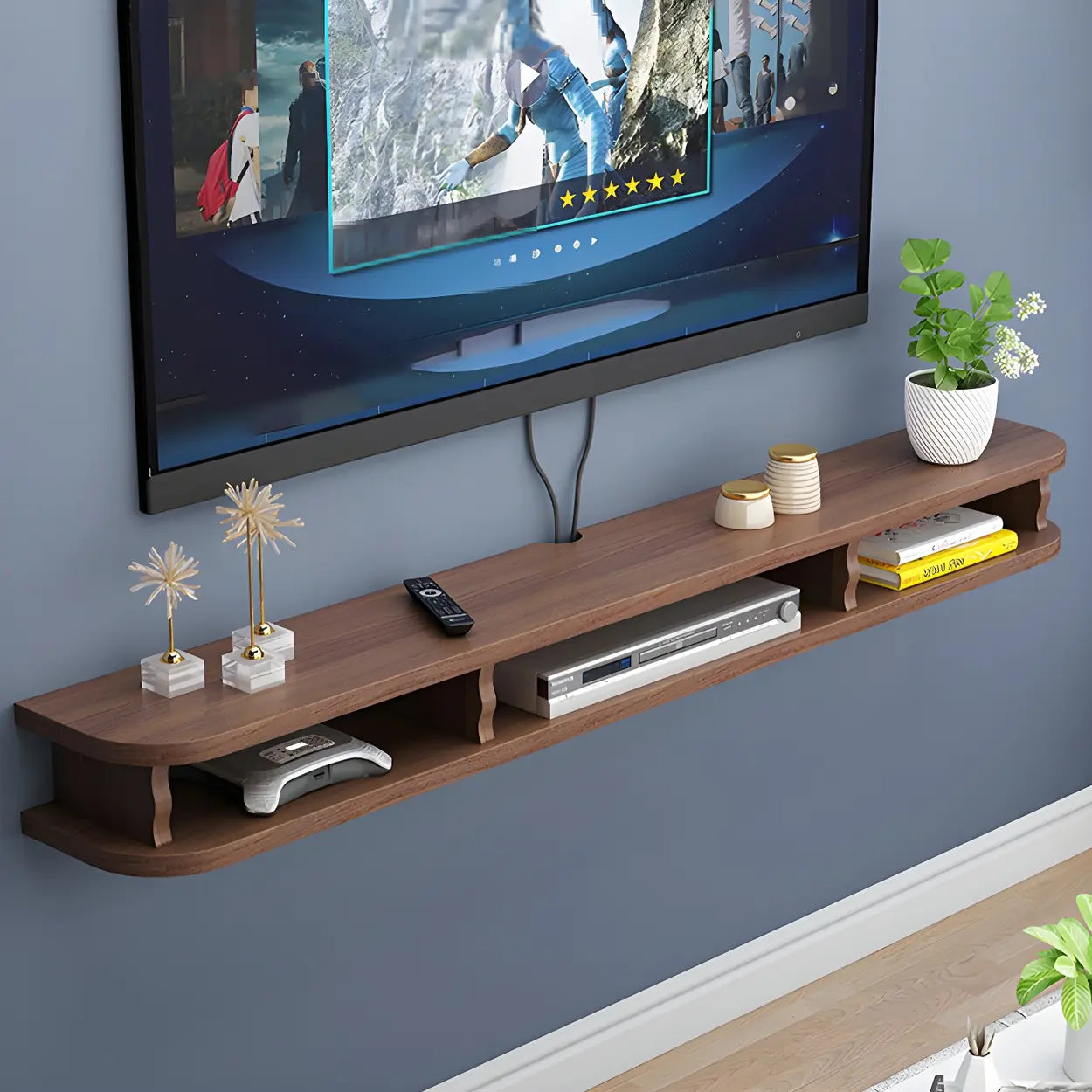 Walnut Wood Floating Open-Storage TV Stand — Wood Color