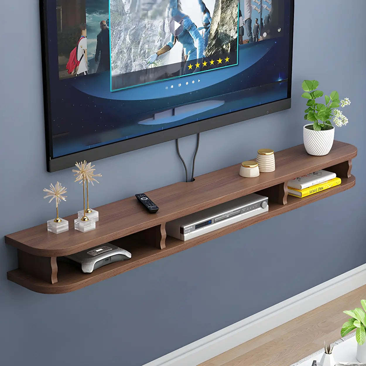 Walnut Wood Floating Open-Storage TV Stand — Wood Color