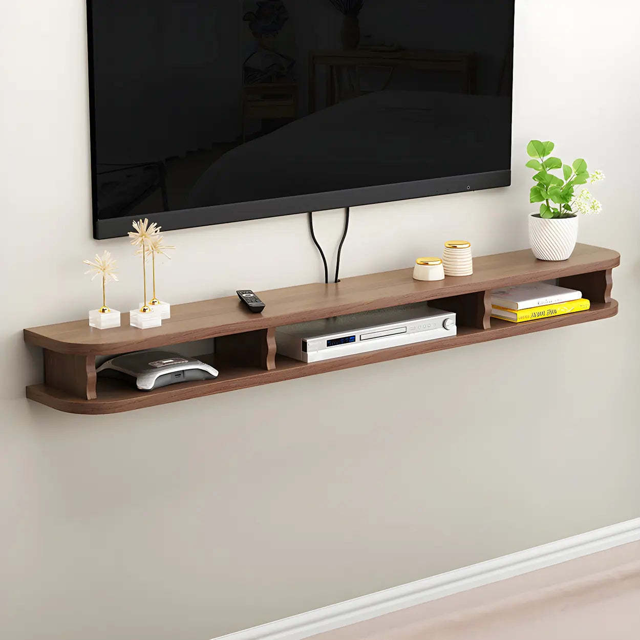 Walnut Wood Floating Open-Storage TV Stand — White