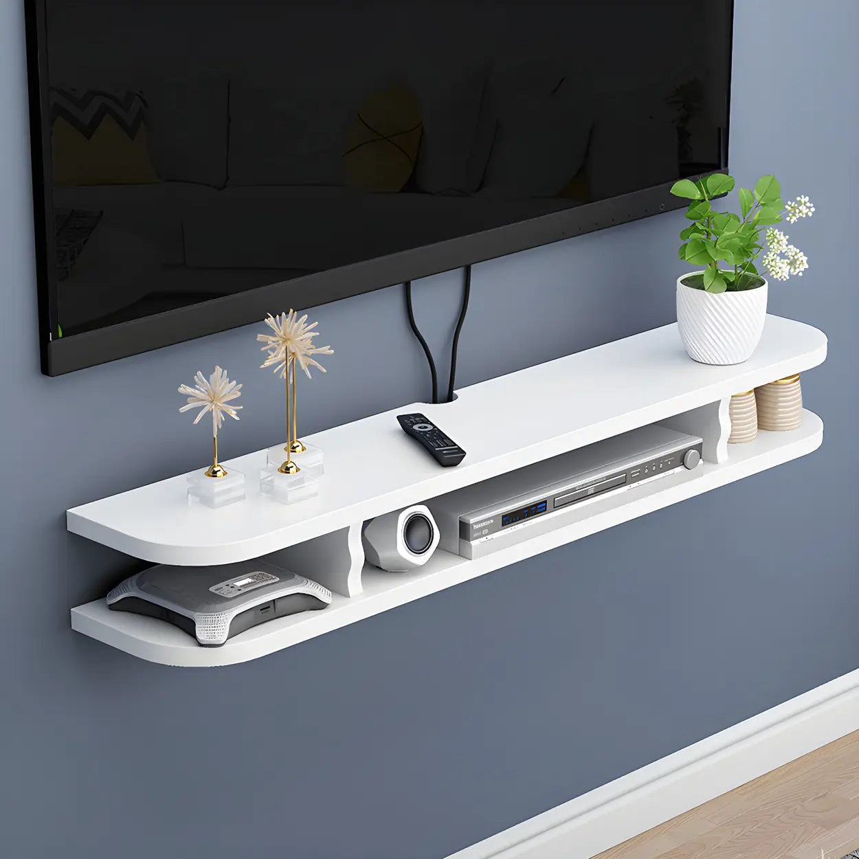 Walnut Wood Floating Open-Storage TV Stand — Wood Color