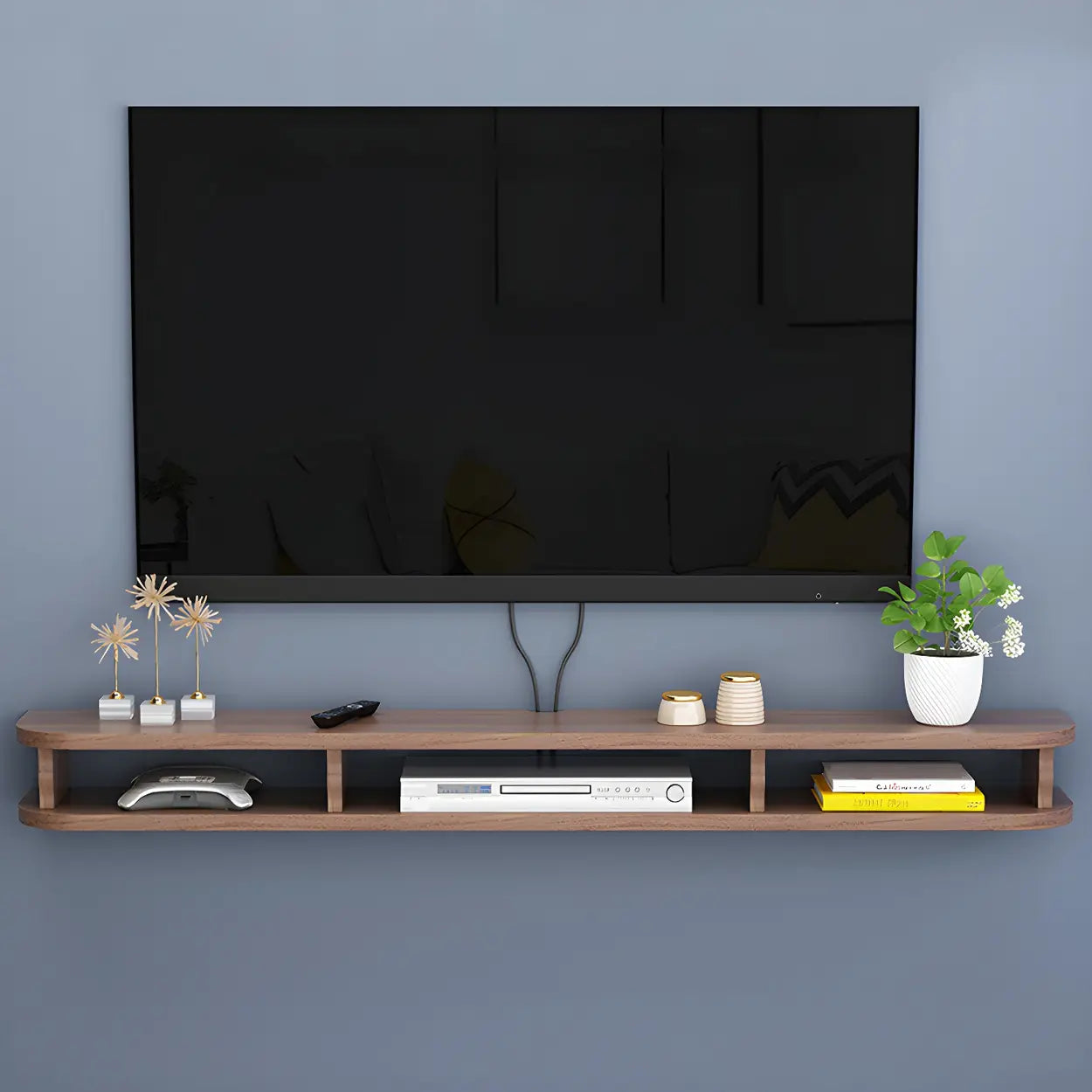 Walnut Wood Floating Open-Storage TV Stand — White