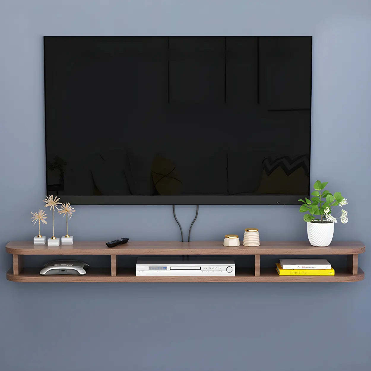 Walnut Wood Floating Open-Storage TV Stand — White