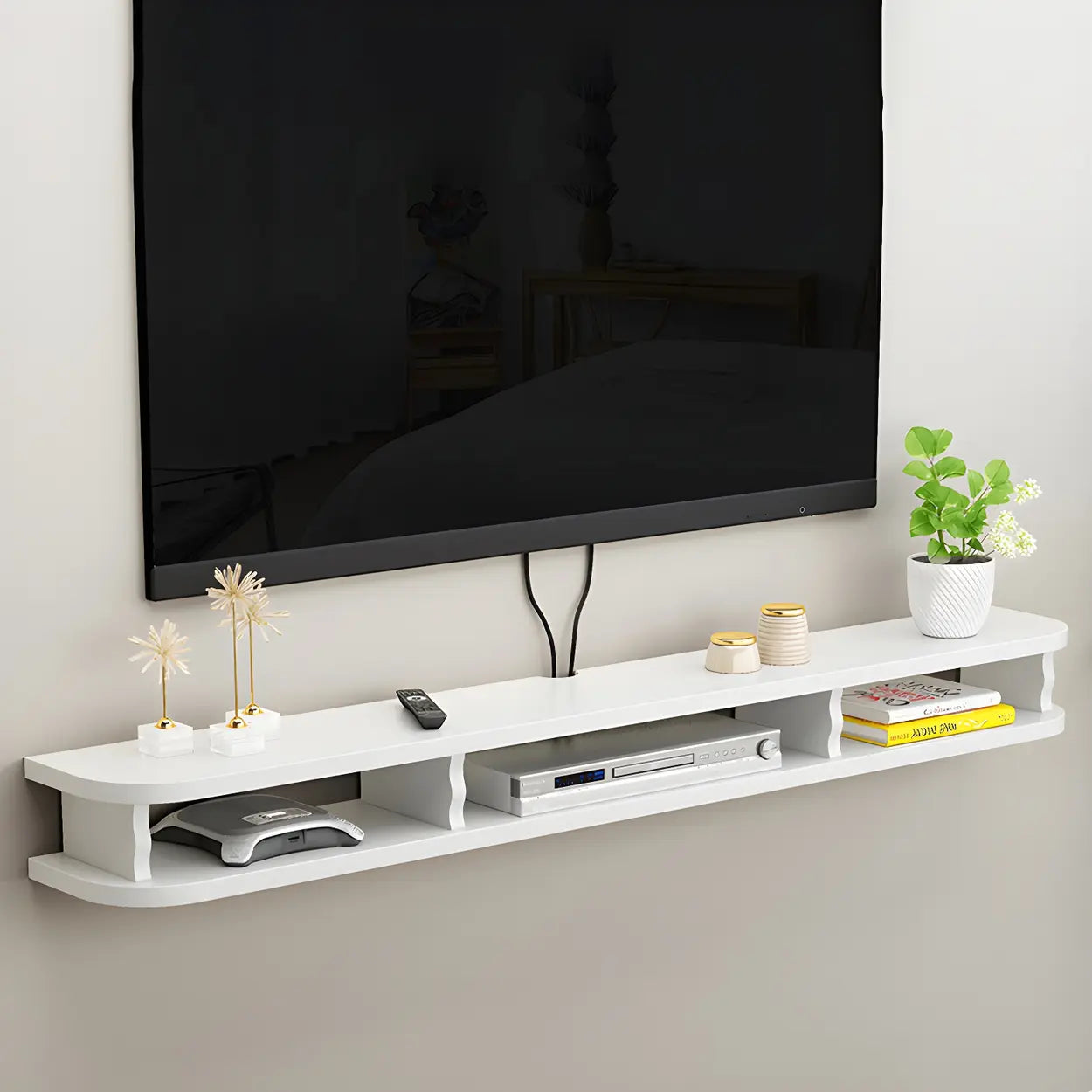 Walnut Wood Floating Open-Storage TV Stand — Wood Color