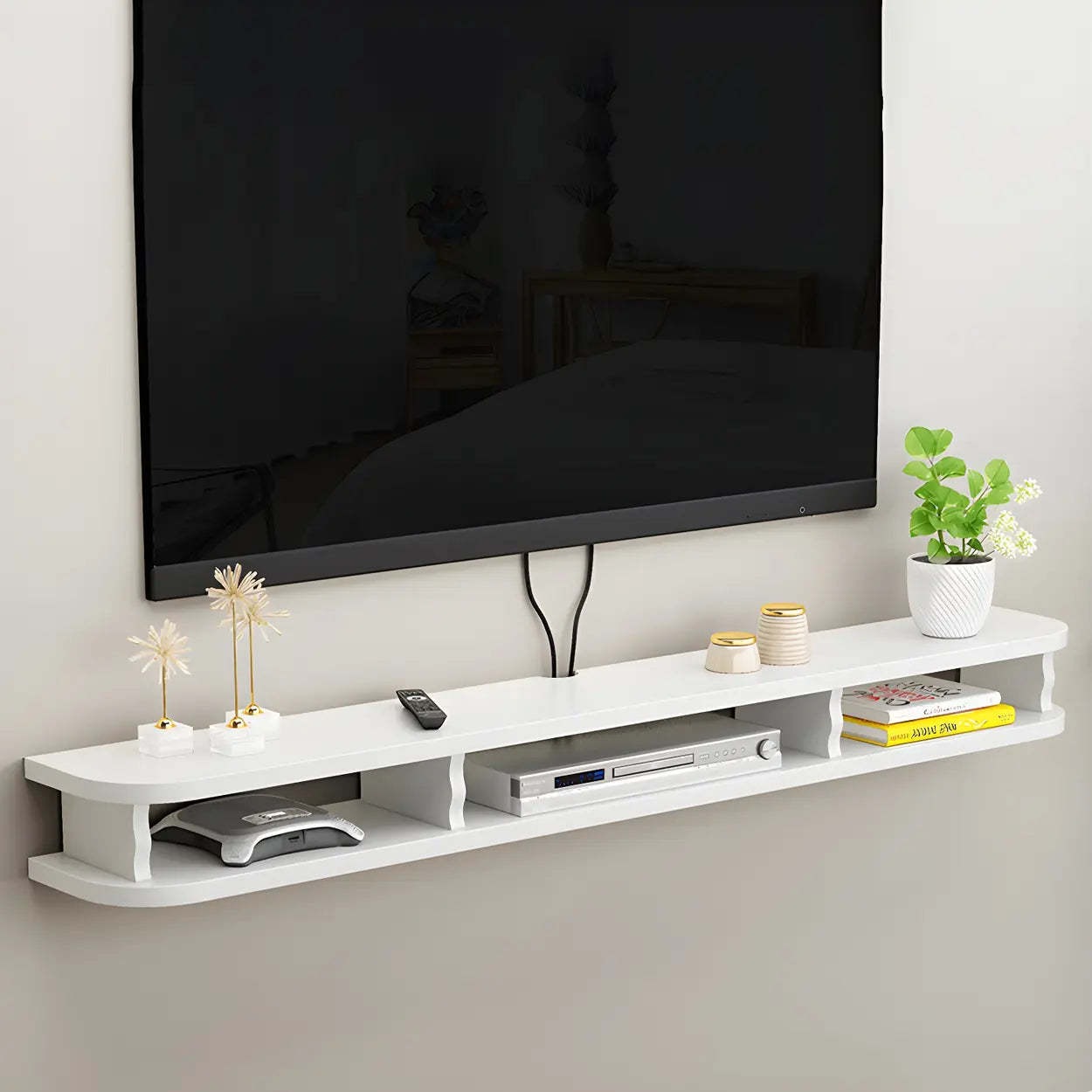 Walnut Wood Floating Open-Storage TV Stand — Wood Color
