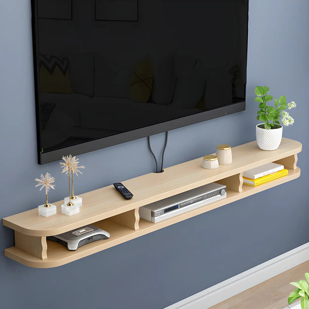 Walnut Wood Floating Open-Storage TV Stand — White
