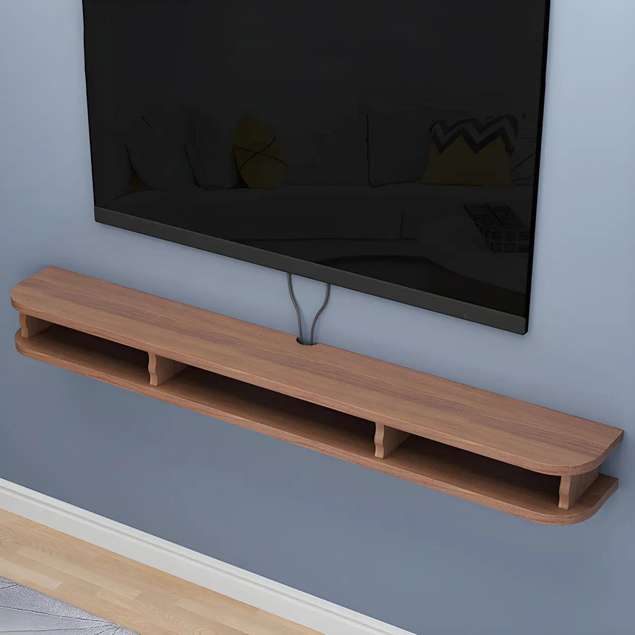Walnut Wood Floating Open-Storage TV Stand — Wood Color