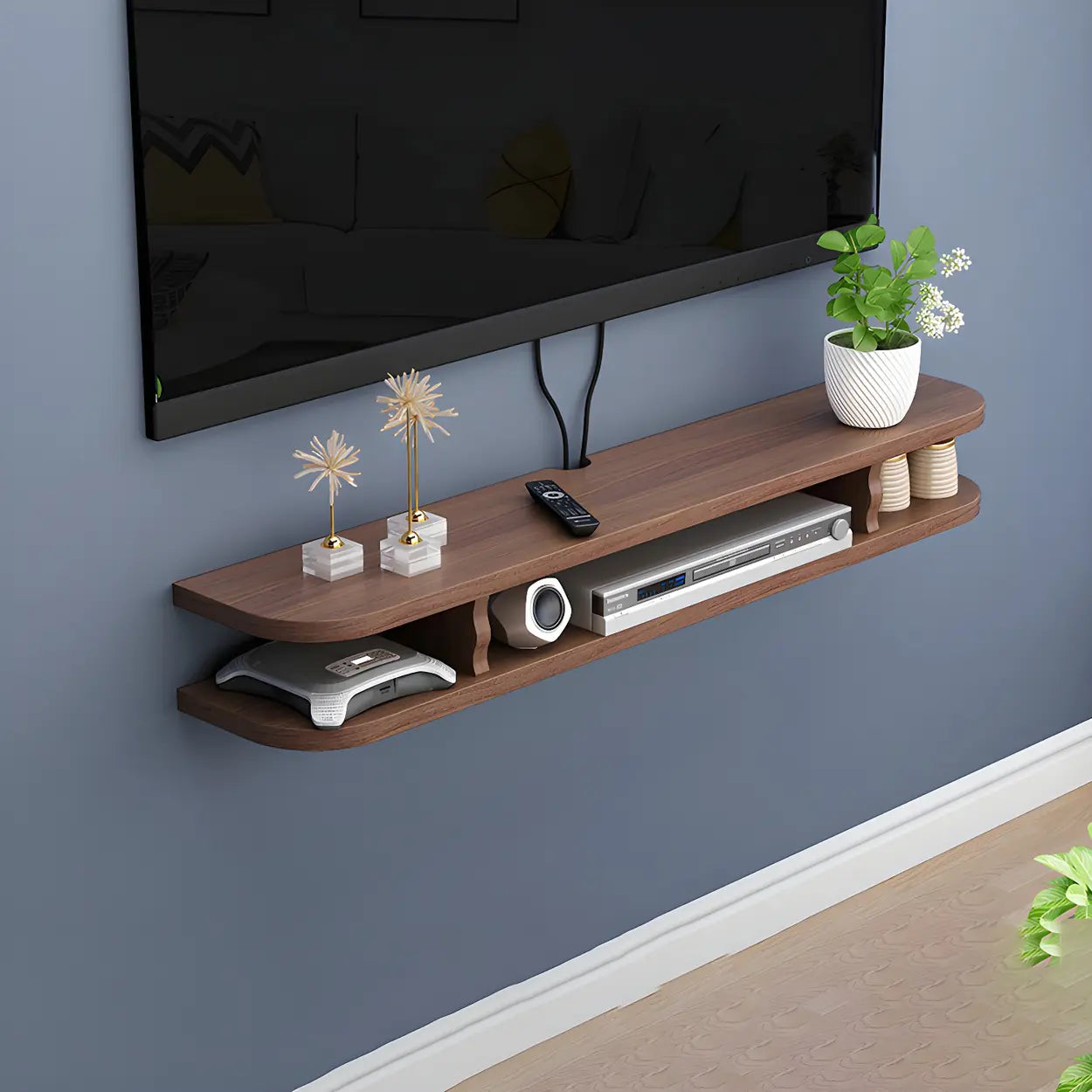 Walnut Wood Floating Open-Storage TV Stand — Walnut