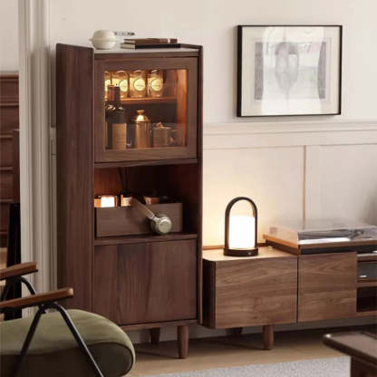 Walnut Narrow Open Storage Buffet with Lighting — Dark Walnut