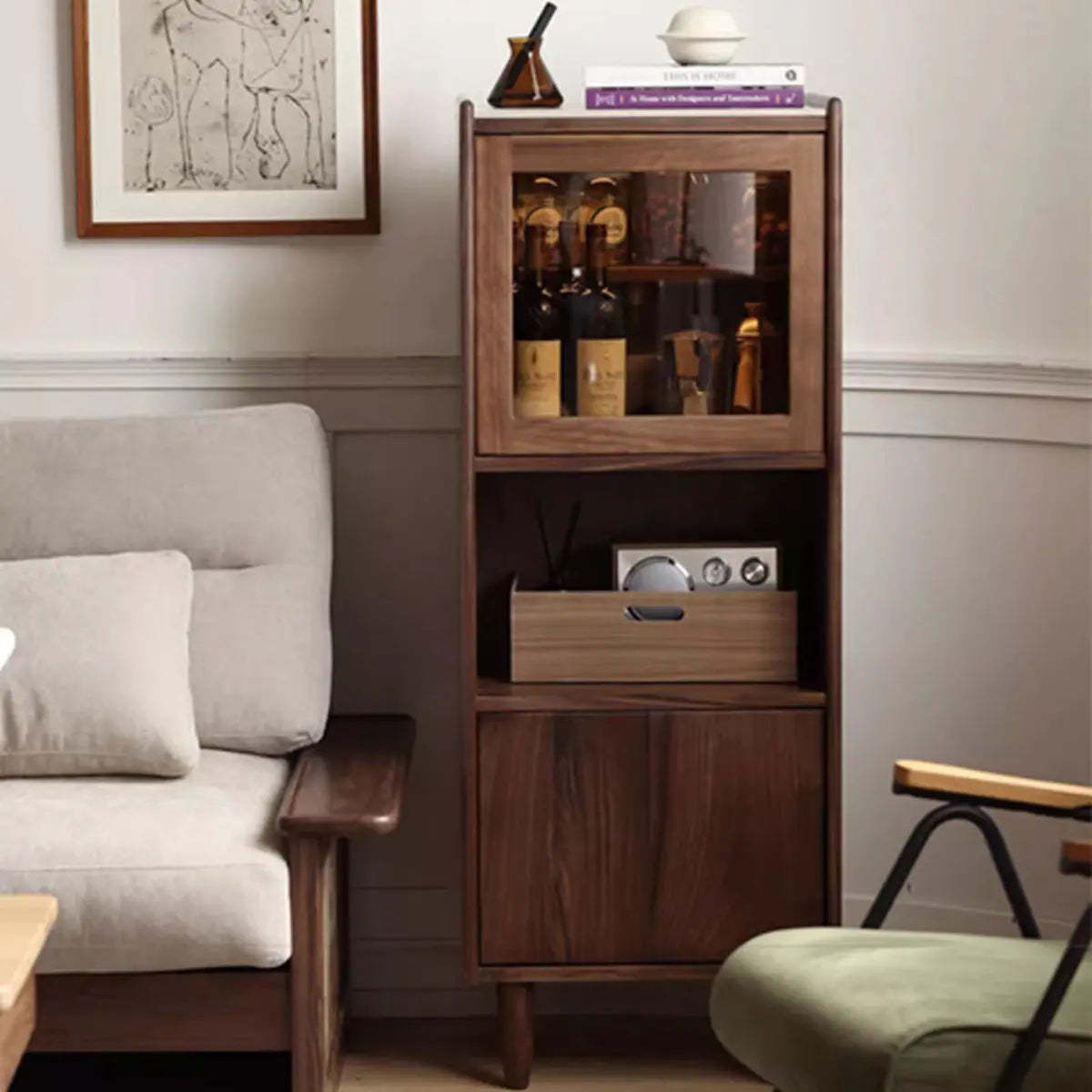 Walnut Narrow Open Storage Buffet with Lighting