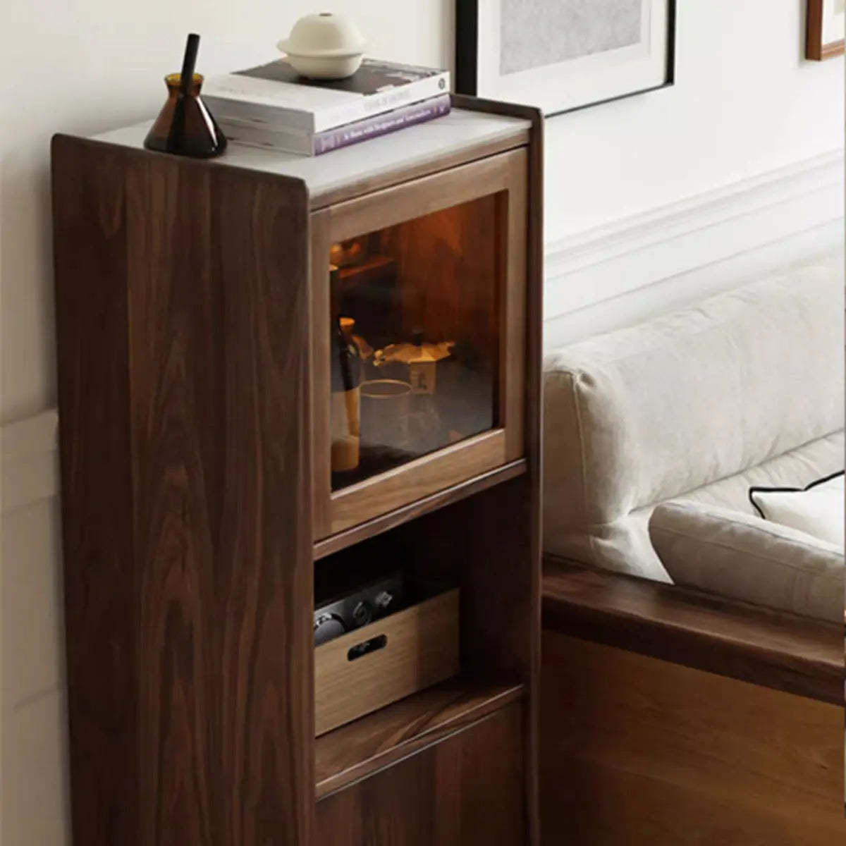 Walnut Narrow Open Storage Buffet with Lighting