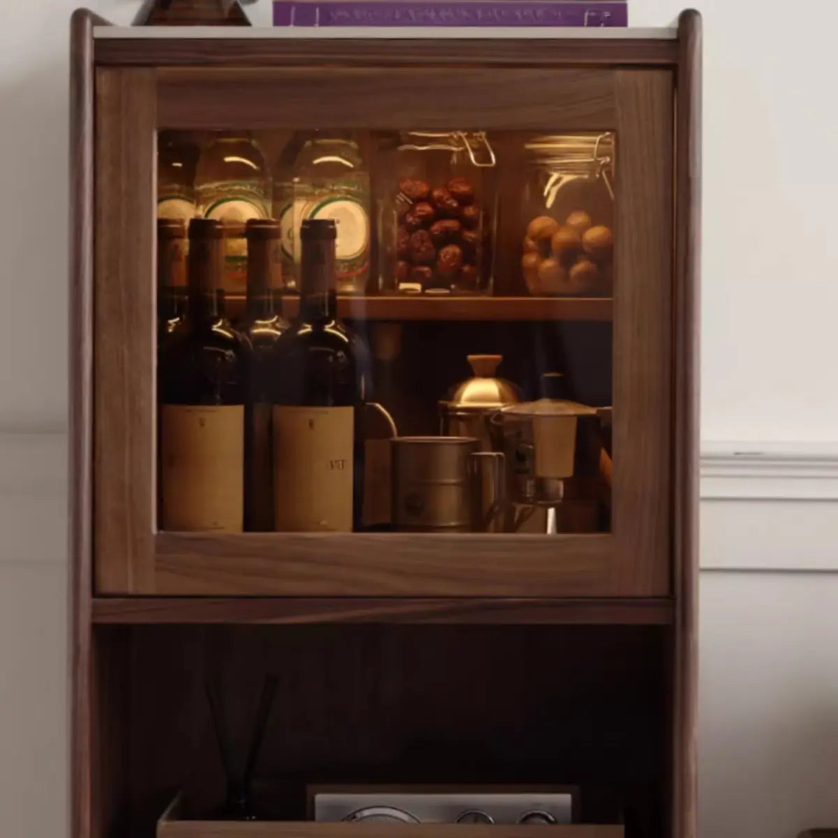 Walnut Narrow Open Storage Buffet with Lighting