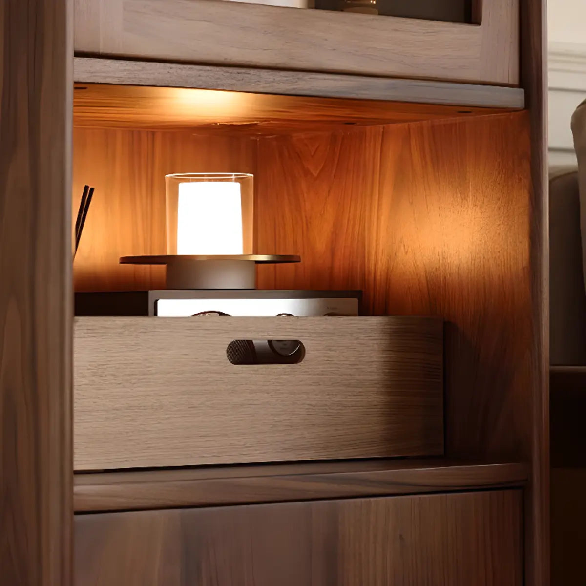 Walnut Narrow Open Storage Buffet with Lighting