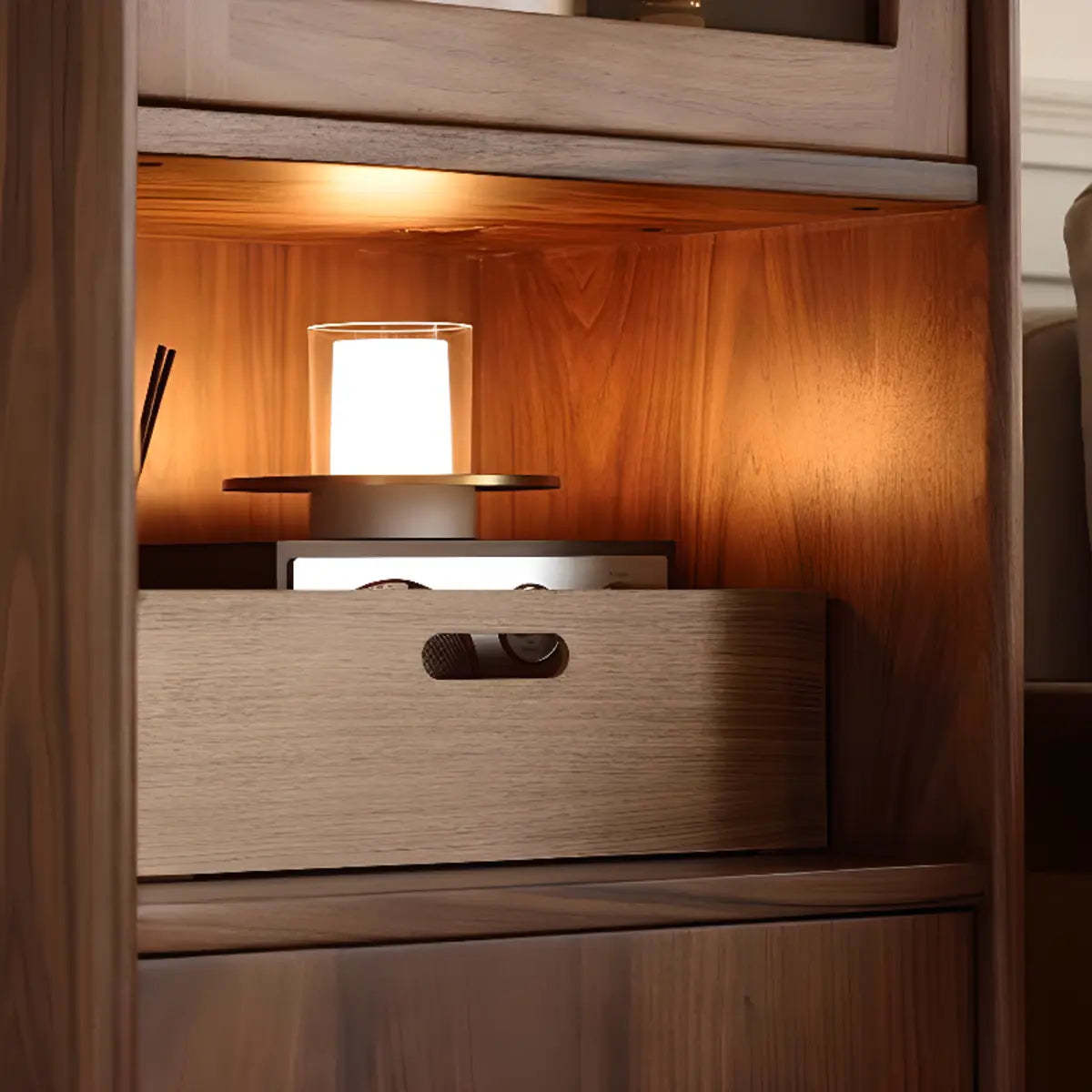 Walnut Narrow Open Storage Buffet with Lighting